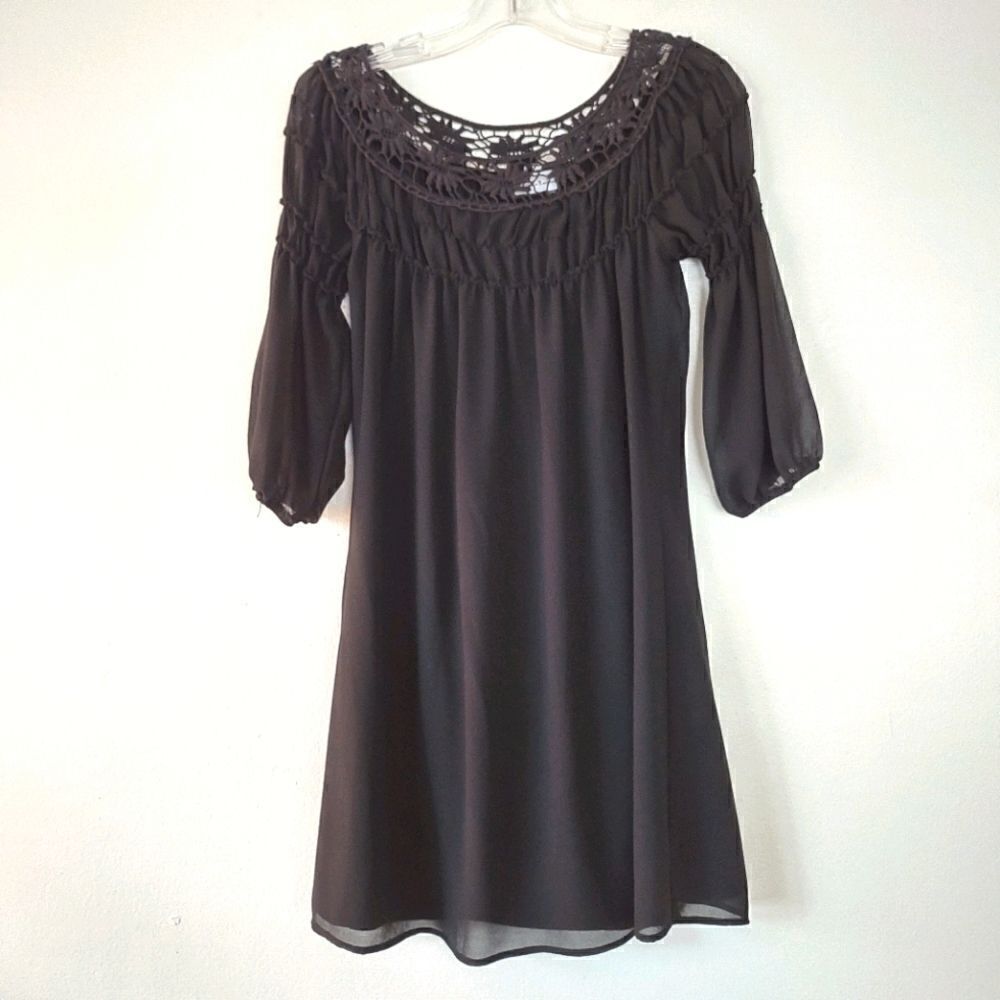 Gabriella‎ Rocha Black Chiffon Dress Knee Length 3/4 Juliet Sleeves XS